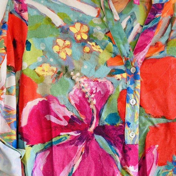 CLAIRE DESJARDINS Shirt Dress Tab Sleeve Abstract Floral Popover Bamboo Blend XL - Picture 7 of 14